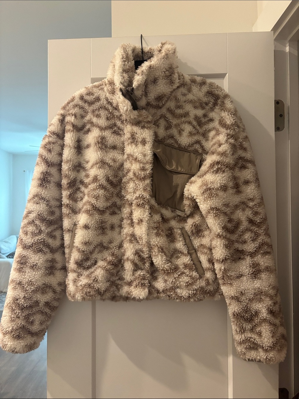 A&F Faux Shearling Zip Jacket in Cream & Taupe